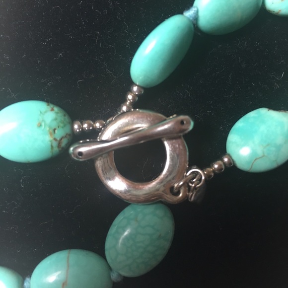 Double Strand Turquoise Silver Toggle Necklace - Picture 5 of 7